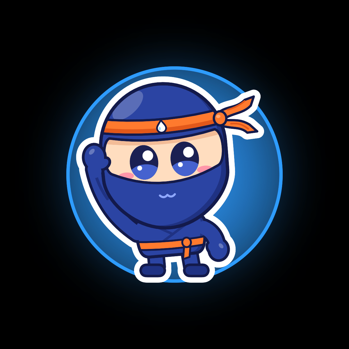 What a child sees during a session: Buddy standing on a large glowing blue circle on a black screen. Nothing on the screen needs to be read.