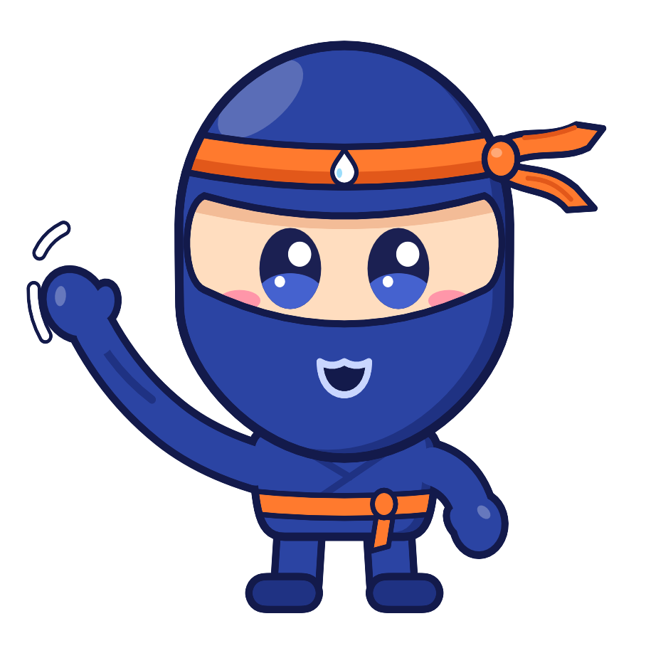 Buddy the ninja waves hello. He is a round-headed cartoon ninja in a deep-blue hood and tunic with an orange headband and belt, big shiny eyes, pink cheeks and a wide open smile, and one blue mitten is raised in a wave.